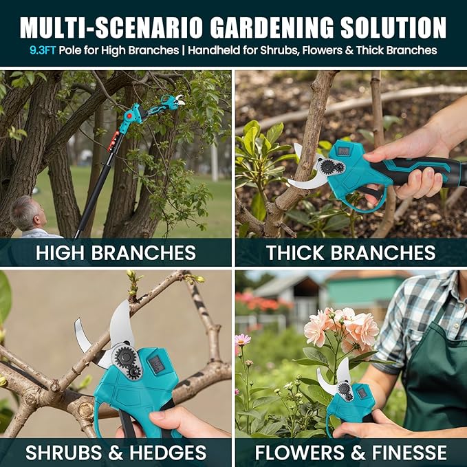 ANBULL 2-in-1 Pole Pruning Shears Cordless, 1.6" Cutting Diameter Cordless Pruner with 15.3FT Reach Extension Pole, Brushless Motor, 2×21V 4.0Ah Battery Powered Pole Pruner for Tree Trimming Garden