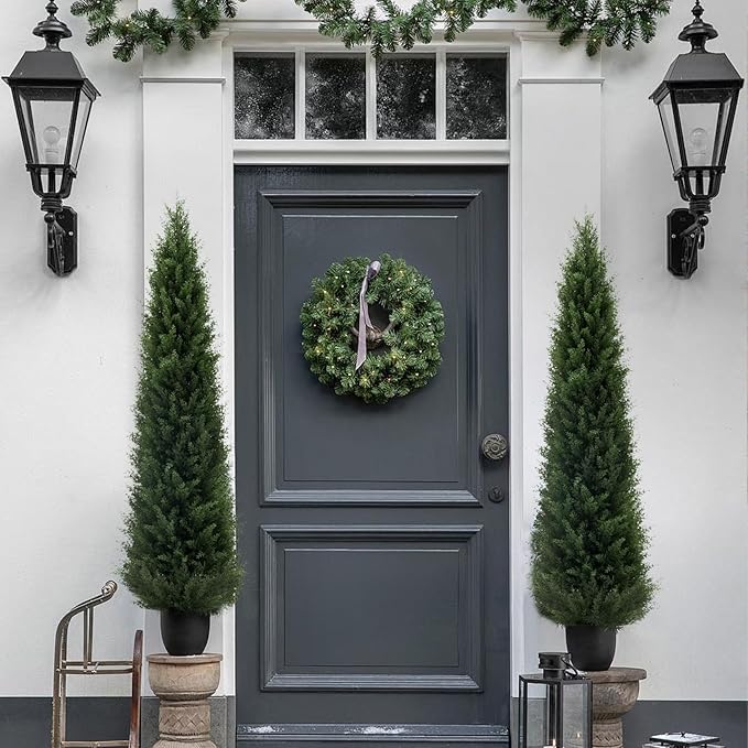 5 ft Artificial Cedar Topiary Trees, 2 Pack Uv Resistant Faux Outdoor Plants, Front Door Cypress Tree Decor Outdoor Entrance, Tall Fake Outside Plants, Evergreen Arborvitae Plastic Indoor Plant