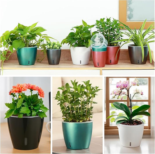 Self Watering Pots for Indoor Plants, 6-Pack 6.7'' Self Watering Planter with Drainage Holes, Small African Violet Pots with Water Indicator, Clear Wick Orchid Pot, White