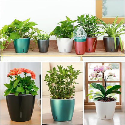 Self Watering Pots for Indoor Plants, 8-Pack 5'' Self Watering Planter with Drainage Holes, Small African Violet Pots with Water Level Indicator, Clear Wick Pot, White/Black