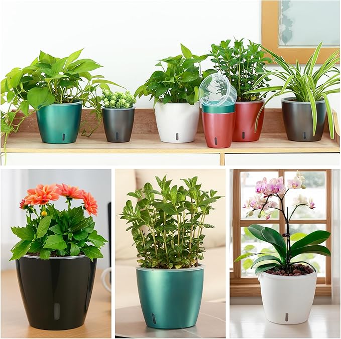 Self Watering Pots for Indoor Plants, 6-Pack 6.7'' Self Watering Planter with Drainage Holes, Small African Violet Pots with Water Indicator, Clear Wick Orchid Pot, Grey Gold