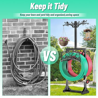 Garden Hose Holder for Outside,Water Hose Holders with 2 Bird Statue Shepherds Hooks & 5 Spikes,Double-Sided Freestanding Hose Stand Heavy Duty Hose Storage Rack for Outdoor Yard Lawn Farm