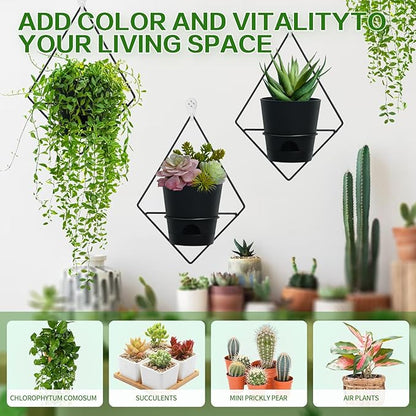 3 Sets Wall Planters for Indoor Plants Geometric Hanging Planters for Indoor Plants - Self-Watering Flower Pots with Black Metal Holder, Mounted Succulent Planter, 5" Black Plant Pot