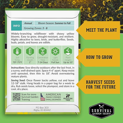 Survival Garden Seeds - Common Sunflower (Helianthus annuus) Seeds for Planting | Giant Bird & Pollinator Magnet | Fast-Growing Native Wildflower - 1 Pack