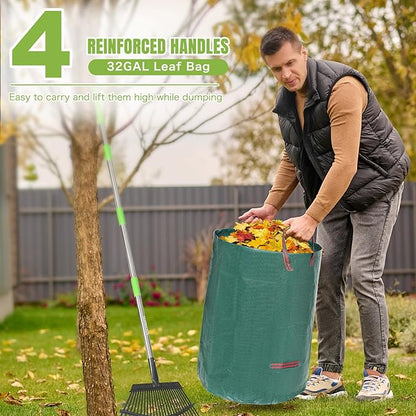 JOYHALO 65 Inch Rake for Leaves, 25 Tines Metal Leaf Rake Set with 32 Gallon Leaf Bags Scoops, Garden Rakes 18in Wide, Rakes for Gardening Lawns Yard Outdoor Camping Shrub Grass Bush