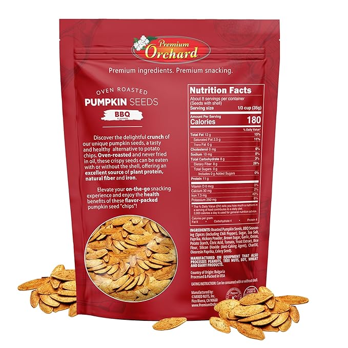 PREMIUM ORCHARD Flavored Pumpkin Seeds Oven Roasted | BBQ | High Protein Snacks for Kids and Adults | Vegan Snack | Non GMO | KETO