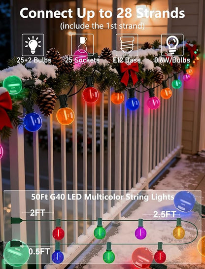 50Ft Outdoor Clear Multicolor Lights, LED G40 Globe Patio String Lights with 25 0.6W Colorful Bulbs(2 Spare), Outside Christmas Lights for Holiday Party Backyard Christmas