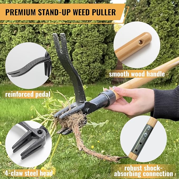 Weed Puller Tool, Stand Up Weed Remover Tool with Long Handle, 4-Claw Steel Head Manual Weeders, Gardening Hand Weeding Tools Without Bending, Pulling, or Kneeling