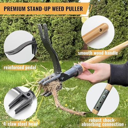 Weed Puller Tool, Stand Up Weed Remover Tool with Long Handle, 4-Claw Steel Head Manual Weeders, Gardening Hand Weeding Tools Without Bending, Pulling, or Kneeling
