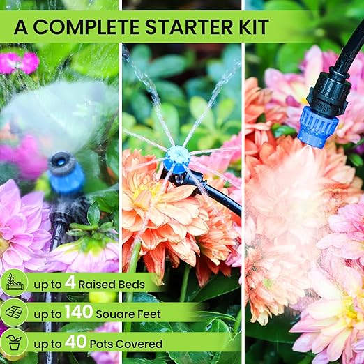Bonviee Drip Irrigation System, 230FT Garden Watering System with Quick-to-Connect Fittings, Adjustable Drip Emitters, 1/4” & 5/16” Tubing, Drip Irrigation Kit for Raised Garden Beds, Greenhouse, Lawn