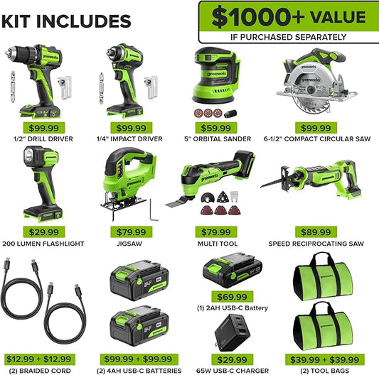 GREENWORKS 24V (8-TOOL) Combo (Drill, Impact Driver, Circular Saw, Reciprocating Saw, Jigsaw, Multi-Tool, Sander, Flashlight), 4.0Ah + (2) 2.0Ah (Power Bank) Batteries, (2) Cables, 65W Rapid Charger