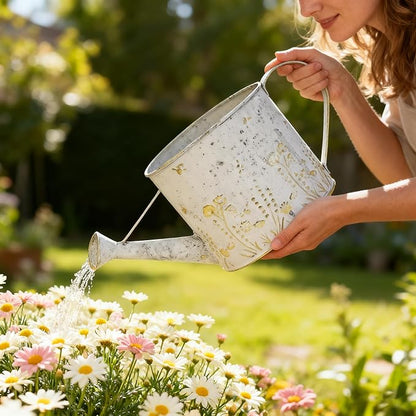 Vintage Metal Watering Can with Floral Embossed Design Garden Distressed White Decorative Watering Pot Planter Rustic Farmhouse Waterer for Home Indoor Outdoor Garden Balcony Courtyard (White#2)