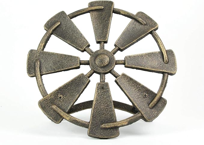 Bronze Finish Cast Iron Farmhouse Windmill Decorative Wall Mounted Garden Hose Hanger Outdoor Hose Holder Decor - 12 Inches in Diameter - Simple Installation