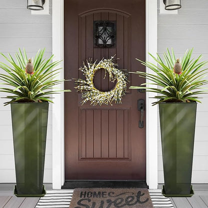 KOL 28''H. Tall Metal Planter with Saucer, Galvanized Steel Glazed Planter Pots with Drainage Hole for Indoor & Outdoor Use, Set of 2, Decorative Flower Plant Pots for Front Porch, Patio, Deck - Green