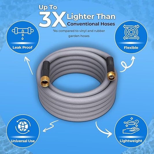 TITAN Garden Hose | Flexible, Lightweight, Kink-Free & Durable Hybrid Water Hose with Heavy Duty Brass Connectors & High-Pressure Jet Nozzle (50FT x 5/8”)