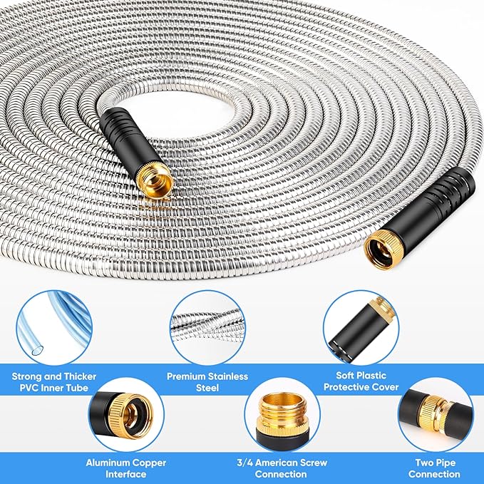 Garden Hose 100 FT, Metal Stainless Steel Water Hose with 10 Function Nozzles, No Kinks, Flexible Hose, Lightweight, Puncture Proof, Heavy Duty Hose for Yard and Outdoor