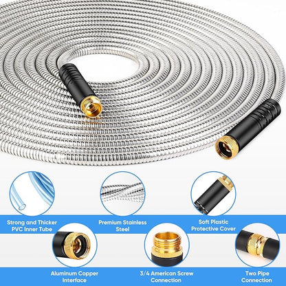 Garden Hose 100 FT, Metal Stainless Steel Water Hose with 10 Function Nozzles, No Kinks, Flexible Hose, Lightweight, Puncture Proof, Heavy Duty Hose for Yard and Outdoor