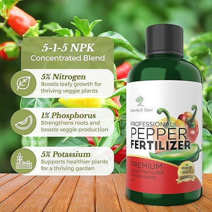 LEAVES AND SOUL Professional Liquid Pepper Fertilizer | 5-1-5 Concentrate, Liquid Plant Fertilizer for Garden, Healthy Produce, Good Harvest, Multi-Purpose Blend & Gardening Supplies | 8 oz