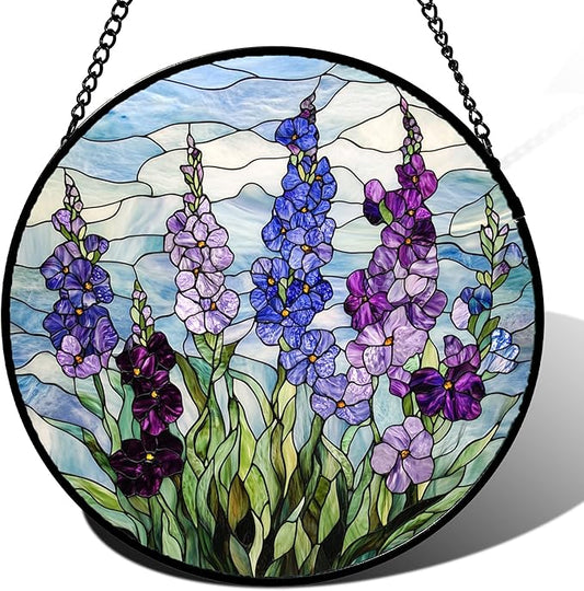 Stained Glass Window Hanging - Blue Purple Delphinium Suncatcher for Door Garden Home Decor Birth Flower Sun Catcher Birthday for Friend Lovers Women Mom Nana 6.3 in