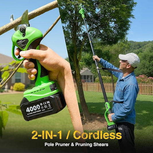 2-in-1 Electric Pruning Shears Cordless: 1.2" Cutting Diameter Pole Pruner - 2 Pcs 4.0Ah Batteries, 9ft Telescopic Pole, Extra SK5 Blade, 3 Cutting Modes Brushless Tree Pruner for Gardening