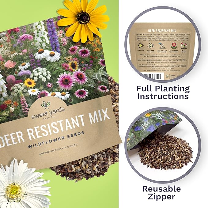 Deer Resistant Wildflower Seed Mixture - Bulk 1 Ounce Packet - Over 15,000 Deer Tolerant Seeds - Open Pollinated and Non GMO