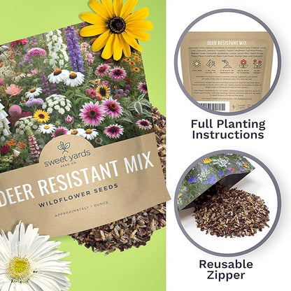 Deer Resistant Wildflower Seed Mixture - Bulk 1 Ounce Packet - Over 15,000 Deer Tolerant Seeds - Open Pollinated and Non GMO