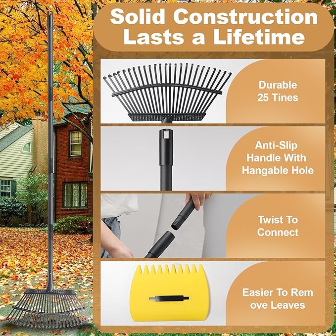 Rake with Leaf Scoops Garden Leaf 25 Tines Lawn Leveling Tool, Heavy Duty 64.1 Inch Adjustable Handle Metal Rake for Picking Leaves Grass Garbage, Black