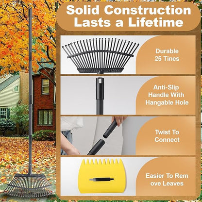 Rake with Leaf Scoops Garden Leaf 25 Tines Lawn Leveling Tool, Heavy Duty 64.1 Inch Adjustable Handle Metal Rake for Picking Leaves Grass Garbage, Black