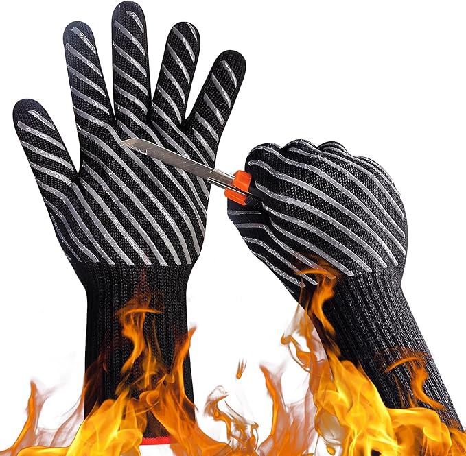 HandLove BBQ Gloves, Oven Gloves with Fingers –1472℉ Heat Resistant Gloves for Grilling | Aramid Retardant Non-Slip Grip, Long Cuff Mitts, Black,L