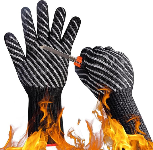 HandLove BBQ Gloves, Oven Gloves with Fingers –1472℉ Heat Resistant Gloves for Grilling | Aramid Retardant Non-Slip Grip, Long Cuff Mitts, Black,L