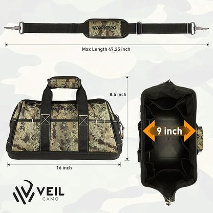 WORKPRO 16-Inch Wide Mouth Tool Bag, Tool Bags for Men with Adjustable Shoulder Strap, Waterproof Oxford Fabric and Sturdy Buttom