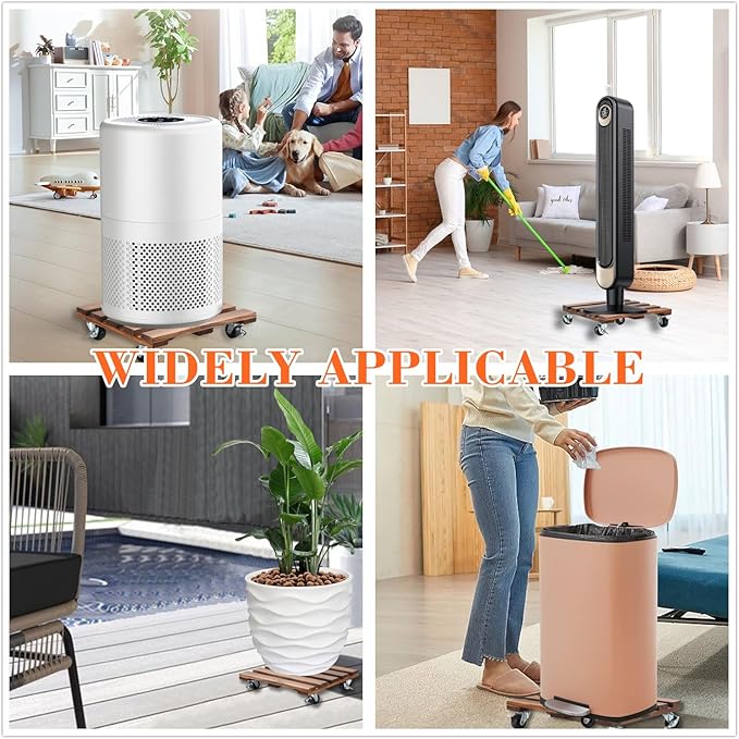 2 Pack Plant Stand with Wheels, 12" Rolling Plant Stand 264 LBS Heavy Duty Wooden Square Plant Caddy with Metal 360° Lockable Caster Wheels for Outdoor Indoor Large Plant Pots, Flower Pot, Patio