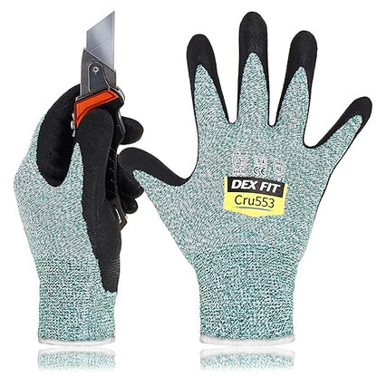 DEX FIT Level 5 Cut Resistant Gloves Cru553, 3D-Comfort Stretchy Fit, Power Grip, Professional Grade, Thin, Touch-Screen Compatible, Durable, Machine Washable - Green S (7) 1 Pair