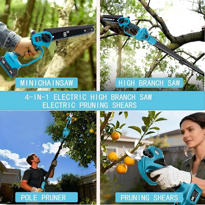 4-in-1 Cordless Pole Saw & Electric Pruning Shears, 8-inch Mini Chainsaw, Pole Pruner, Brushless Motor, Adjustable 16-ft Extension Pole, and 2×21V Battery for Tree Pruning and Timber Cutting