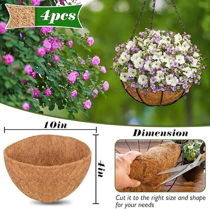 ZeeDix 4Pcs 10 Inch Coconut Liners for Planters, Round Hanging Basket Liners 100% Natural Coco Coir Basket Coco Replacement Liners for Hanging Basket Planters Flowers Vegetables(10in-4pcs)