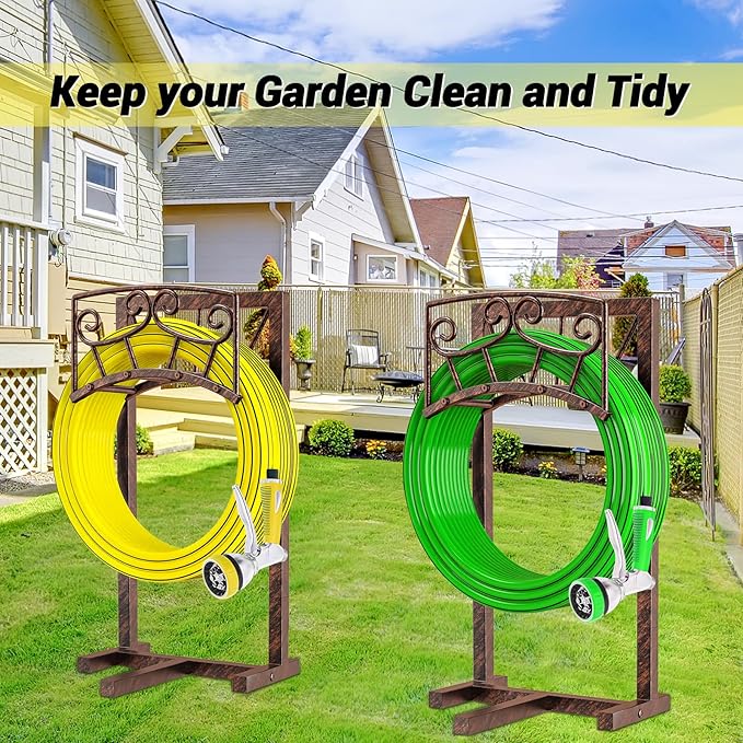 Garden Hose Holder, Heavy Duty Metal Water Hose Holders Hose Stand with 5 Spikes, Freestanding Hose Storage Rack Hose Hanger Holds 150ft Hose for Outside Yard Lawn Garden Decor (Vintage Copper-2P)