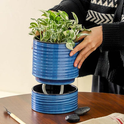 HASENSE Self Watering Pots for Indoor Plant, 6 Inch Porcelain Planter with Drainage Hole & Water Storage Plus for Indoor & Outdoor Plants, Round Flower Pot for Christmas Thanksgiving Gift, Blue