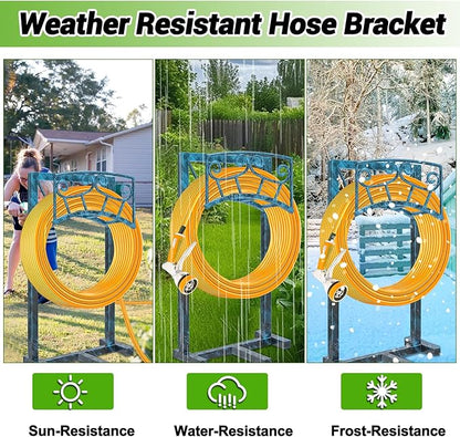 Garden Hose Holder, Heavy Duty Metal Water Hose Holders Hose Stand with 5 Spikes, Freestanding Hose Storage Rack Hose Hanger Holds 150ft Hose for Outside Yard Lawn Garden Decor (Retro Blue)