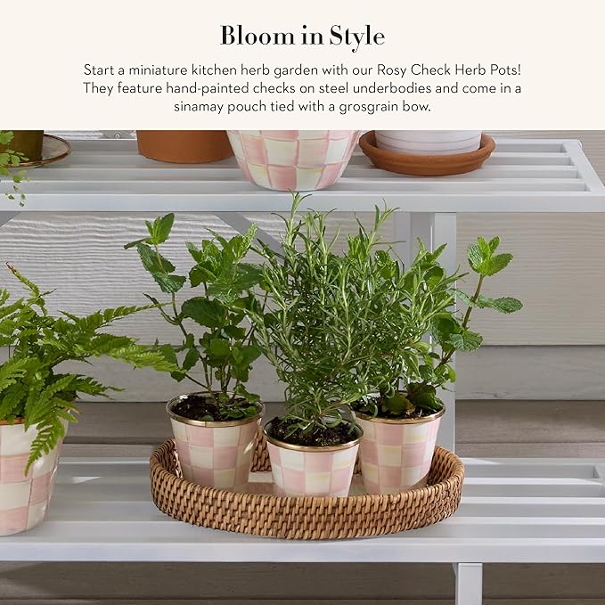 MACKENZIE-CHILDS Enamel Herb Pots, Small Plant Pots for Herbs or Flowers, Set of 3, Pink-and-White Rosy Check