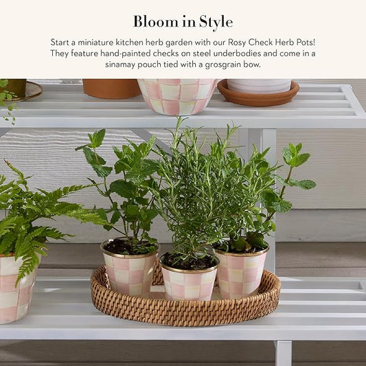 MACKENZIE-CHILDS Enamel Herb Pots, Small Plant Pots for Herbs or Flowers, Set of 3, Pink-and-White Rosy Check