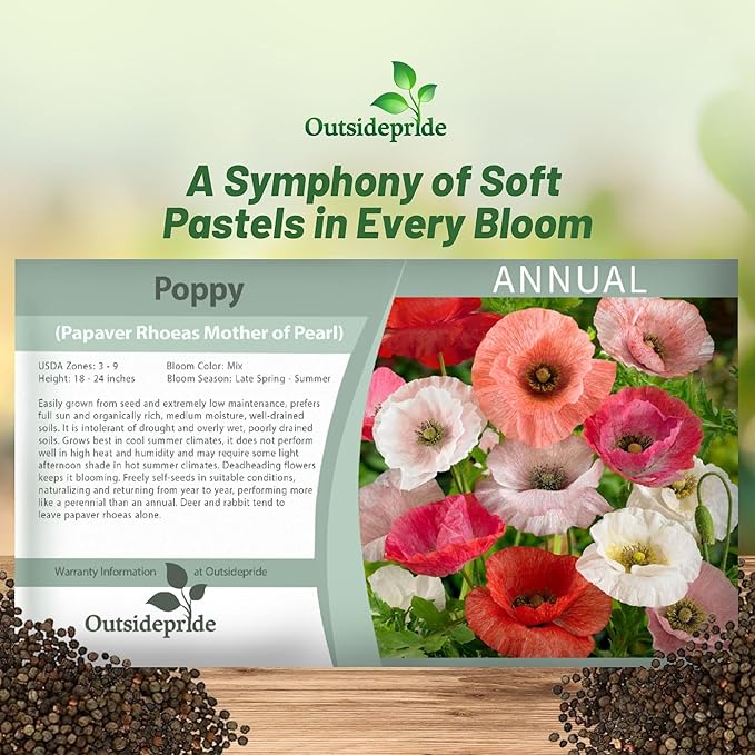 Outsidepride Mother of Pearl Poppy Seeds for Planting - 500 Pcs Annual, Drought-Tolerant & Easy to Grow Wildflower Seeds with Vibrant Mix Blooms for Landscaping, & Pollinator Garden