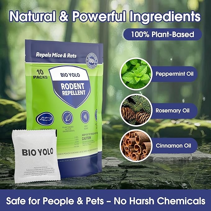 Rodent Repellent Pouches – Peppermint Oil, Plant-Powered – Repels Mice, Rats & Squirrels, Mouse Repellent– Protects Indoor, Car, RV, Boat, Garage & Cabin – 10 Pouches