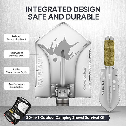 Camping Shovel Survival Kit, 2.0 Version One-Click Conversion Military Grade Multifunctional Folding Tactical Shovel with Titanium Backpacing Trowel for Camping, Emergency, Gardening, Hiking