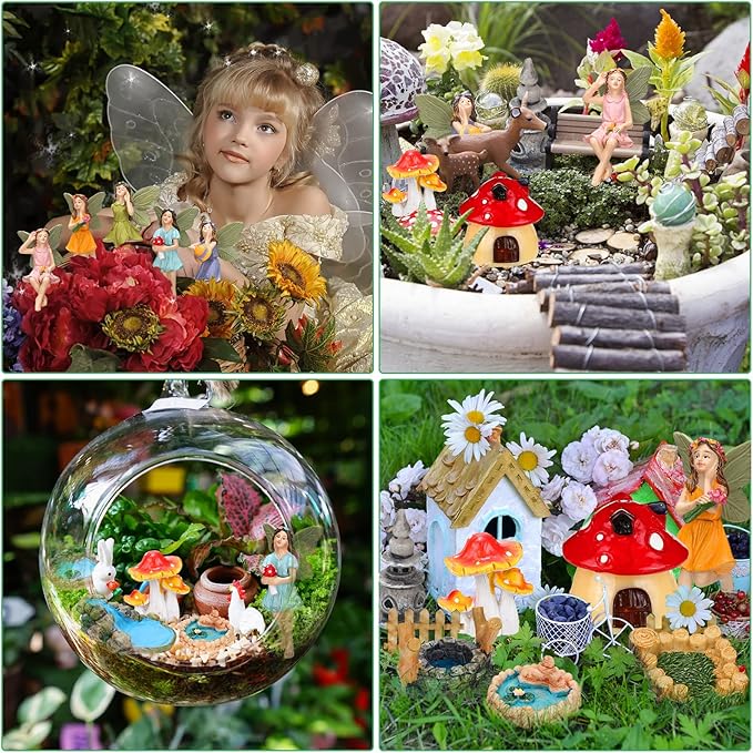 Unittype 19 Pcs Flower Fairy Accessories for Garden Outdoor Fairy Figurines Miniature Bridge Mushroom Lighthouse Water Well Pond Resin Garden Decorations Miniature Figurines for Craft