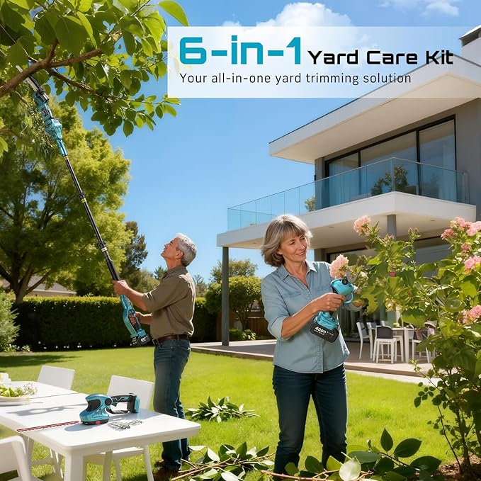 SEESII Cordless Pole Chainsaw, Hedge Trimmer, Pruning Shears, 4000mAh Battery Powered Extendable Garden Tool Kit for Outdoor Use, Electric Long Reach Saw, Hedge and Grass Trimmer, Pruner for Yard Care