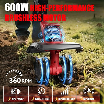 Cordless Tiller Cultivator, 360RPM 9inch Wide Electric Garden Tiller,Total 8000mAh Battery Powered Mini Cultivator,48 Steel Tines Portable Rotary Tiller for Gardening (2 x 4.0AH Battery)