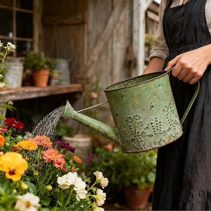 Vintage Metal Watering Can Planter with Embossed Floral - Distressed Green Decorative Watering Pot for Indoor/Outdoor Flowers, Succulents & Herbs, Rustic Home Decor Accent