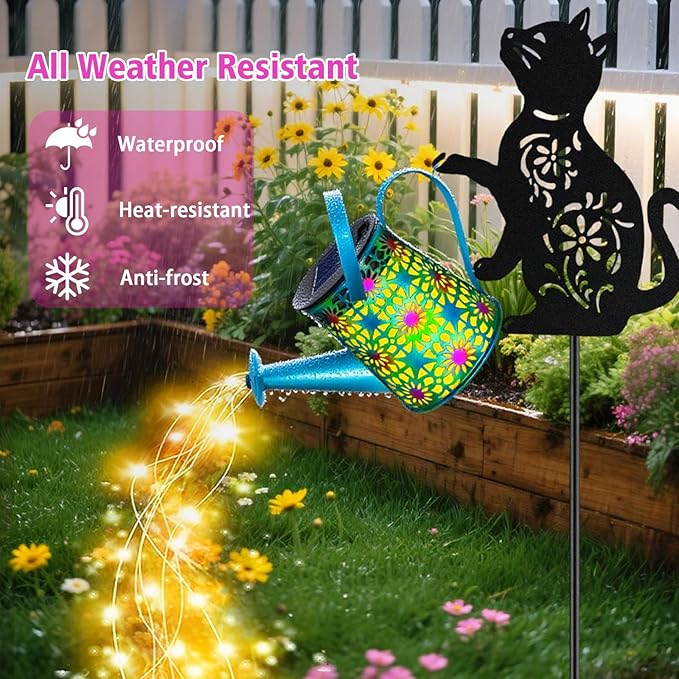 Black Cat Solar Watering Can Lights, Birthday Gifts for Women Mom Christmas Mother's Day, Yard Decorations Outdoor Waterproof, Blue Metal Hanging Lantern, Solar Lights Garden Decor Patio Pathway