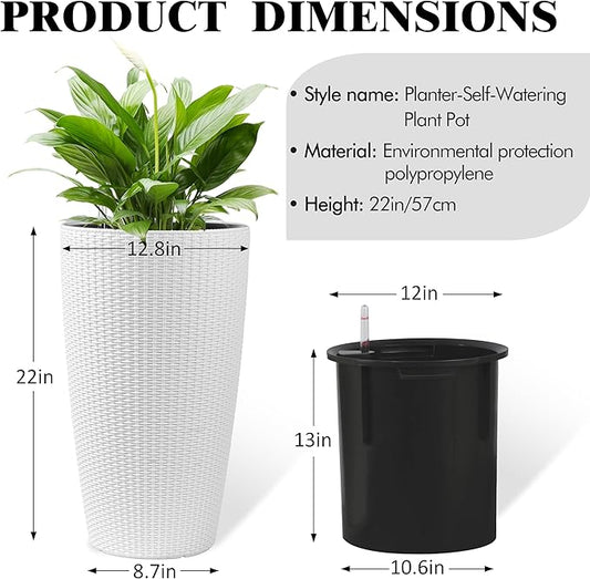 22" Tall Planter Set of 2, Large Self Watering Pots for Indoor/Outdoor Plants with Drain Holes, Water Level Monitor, Inner Bucket for Front Porch Patio, White Rattan Conical