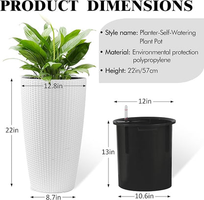 22" Tall Planter Set of 2, Large Self Watering Pots for Indoor/Outdoor Plants with Drain Holes, Water Level Monitor, Inner Bucket for Front Porch Patio, White Rattan Conical
